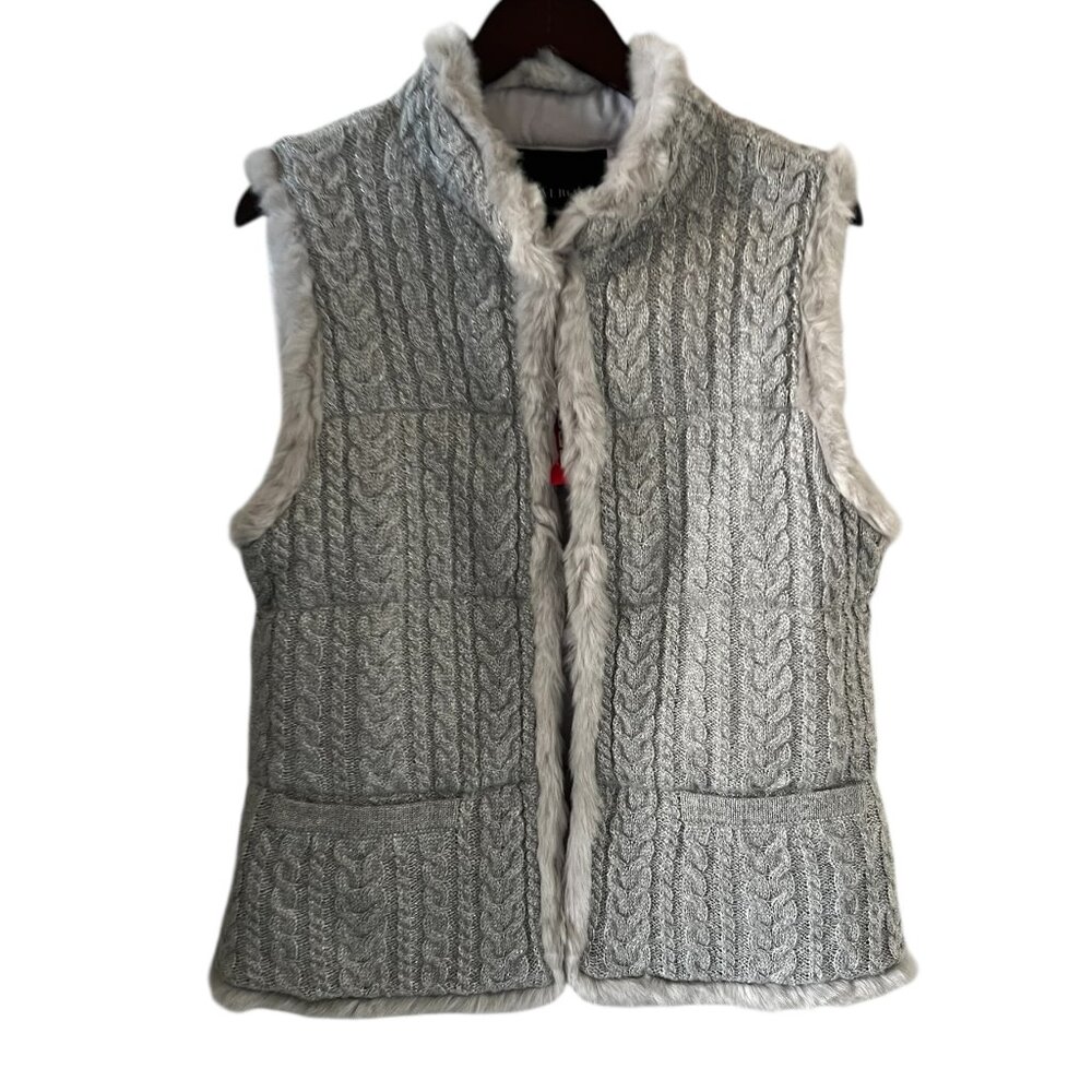 Talbots NEW Wool Blend Cable Knit Faux Fur Trim Vest In Silver Gray Size M
